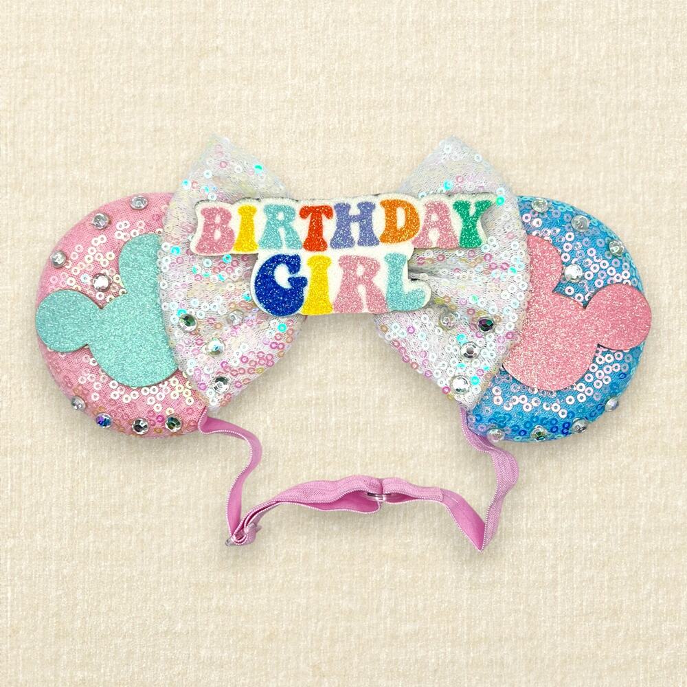 Elastic Pink & Blue Birthday Girl Minnie Ears | Disney-Inspired Mouse Ears